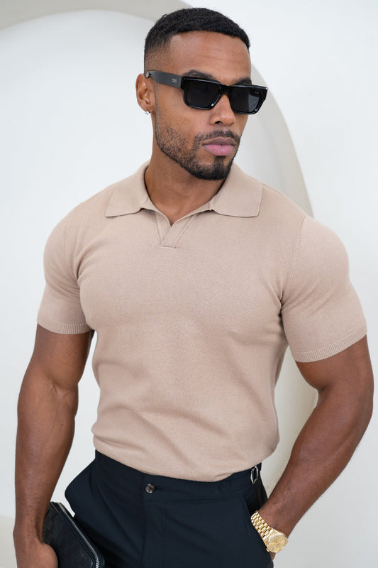 Slim Fit Knitted Open Neck Polo - Taupe